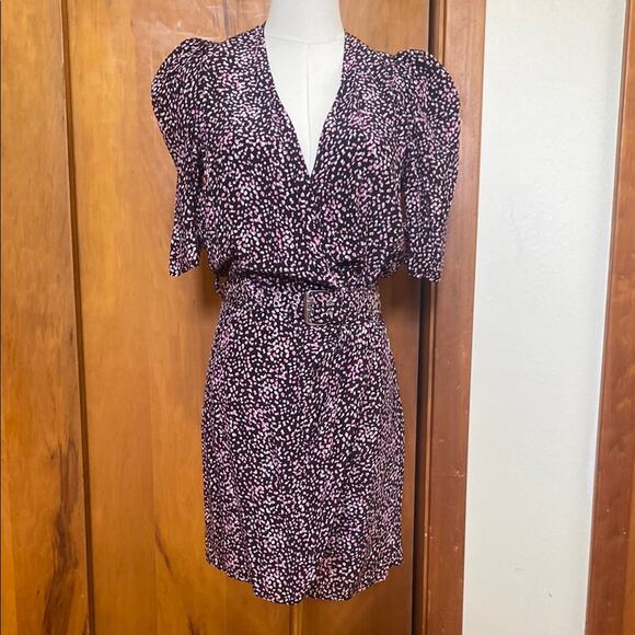 The Kooples Black Pink White Polka Dot Wrap Dress Puff Sleeves Belt Silver - 1 - Picture 1 of 11